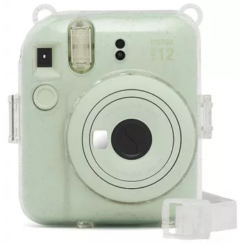 Fujifilm Instax Mini 12 blizgus dangtelis - skaidrus blizgus fotoaparato dėklas su reguliuojamu peties dirželiu, magnetiniu užsegimu, pritaikytu PU oda ir PVC apsauga, skirta Instax Mini 12