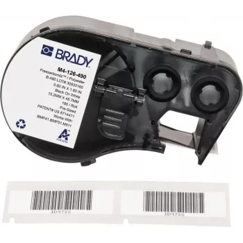Brady FreezerBondz poliesterio etiketės 15,24 x 45,72 mm juodos ant baltos, nuolatinis lipnus sluoksnis (180 etikečių/ritinyje)