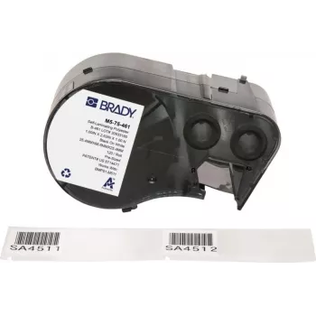 Brady M5-75-461 Savaiminio laminavimo poliesterio etikečių rulonas, juoda ant baltos/skaidrios, 25,40 x 66,68 mm, nuolatiniai klijai, 120 etikečių