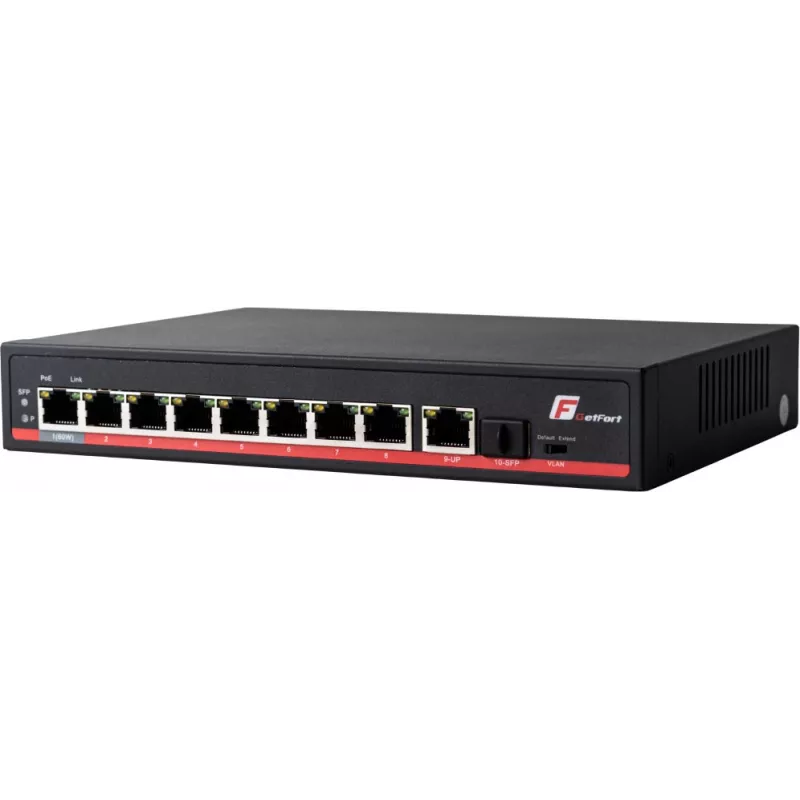 GETFORT GF-110-8PG-S-120 10 prievadų gigabitinį PoE+ komutatorius su 8 PoE+ prievadais, 1 aukštyn, 1 SFP, 120W biudžetas, nevaldomas, be ventiliatoriaus, stalinis