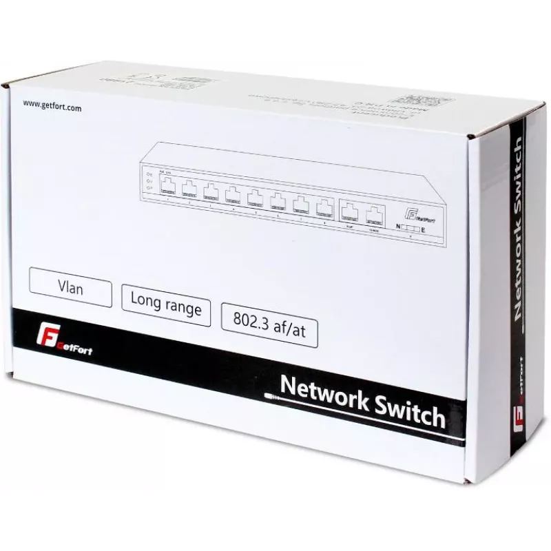 GETFORT GF-210D-8P-120 10 prievadų PoE+ komutatorius su 8 Fast Ethernet PoE prievadais ir 2 Gigabit kylančiosiomis nuorodomis, 120W biudžetas, nevaldomas, stalinis / sieninis montavimas