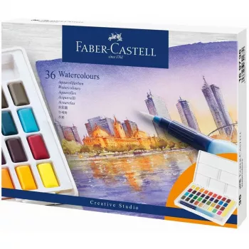 Faber-Castell Creative Studio akvarelės dažų rinkinys, 36 spalvų kietose tabletėse su teptuku ir kempinėle, maišymo paletė dangtelyje, studentų klasė, skaidrus, papildomas, nešiojamas plastikinis dėklas