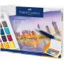 Faber-Castell Creative Studio akvarelės dažų rinkinys, 36 spalvų kietose tabletėse su teptuku ir kempinėle, maišymo paletė dangtelyje, studentų klasė, skaidrus, papildomas, nešiojamas plastikinis dėklas