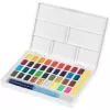 Faber-Castell Creative Studio akvarelės dažų rinkinys, 36 spalvų kietose tabletėse su teptuku ir kempinėle, maišymo paletė dangtelyje, studentų klasė, skaidrus, papildomas, nešiojamas plastikinis dėklas