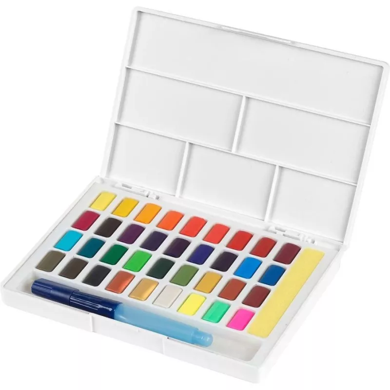 Faber-Castell Creative Studio akvarelės dažų rinkinys, 36 spalvų kietose tabletėse su teptuku ir kempinėle, maišymo paletė dangtelyje, studentų klasė, skaidrus, papildomas, nešiojamas plastikinis dėklas