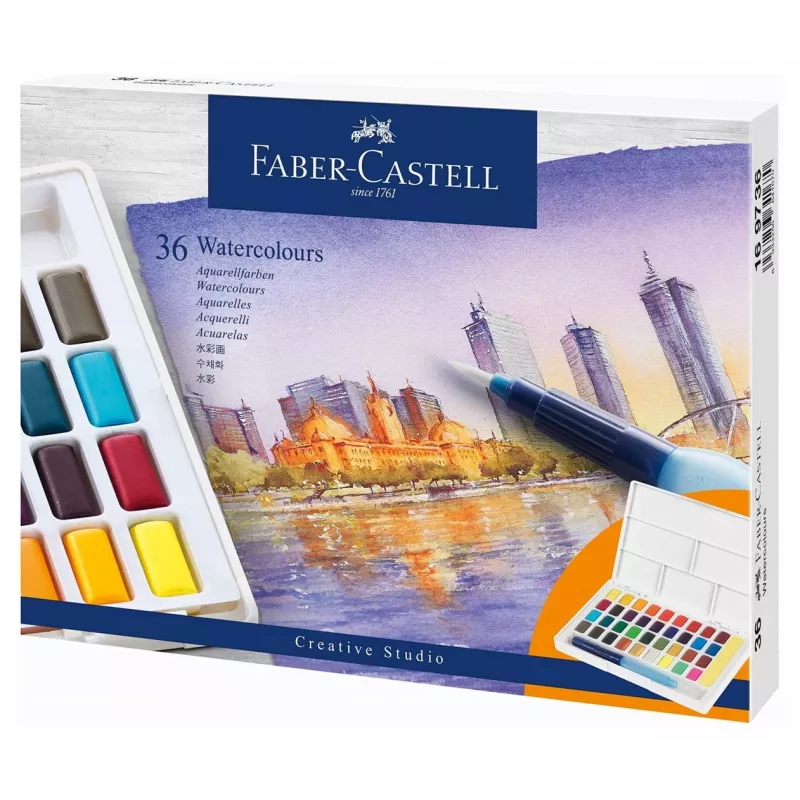 Faber-Castell Creative Studio akvarelės dažų rinkinys, 36 spalvų kietose tabletėse su teptuku ir kempinėle, maišymo paletė dangtelyje, studentų klasė, skaidrus, papildomas, nešiojamas plastikinis dėklas