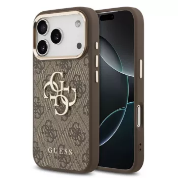 Guess Apple iPhone 17 Pro Max PU odinis dėklas su metaliniu logotipu ir auksiniu rėmeliu, MagSafe suderinamas, rudas