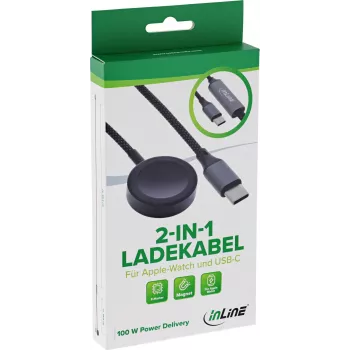 InLine® 2-in-1 įkrovimo laidas, skirtas Apple Watch + USB-C, 100 W, USB 2.0, 1,2 m