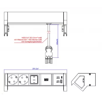 Bachmann DESK2 baltas stalo maitinimo modulis su 2 Schuko lizdais ir USB-A/C 22W, 0,2m GST18