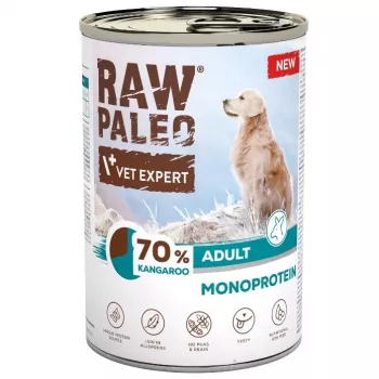 VetExpert Raw Paleo Kangaroo šlapias suaugusių šunų maistas 400g skardinėje – be grūdų, vieno baltymo