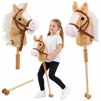 LEAN TOYS Hobby Horse lazdelė su žirgo galva, su šuoliavimo ir žvengimo garsais, smėlio spalvos, 100 cm