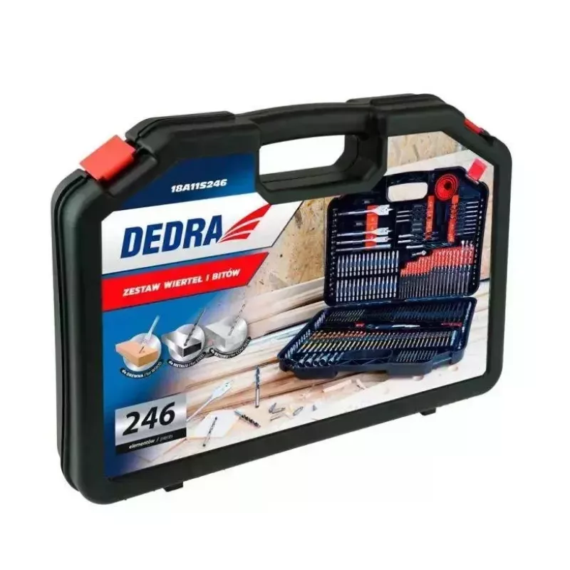 DEDRA 18A11S246 246 dalių grąžtų ir atsuktuvų antgalių rinkinys su HSS, medienos, mūro grąžtais ir CrV antgaliais, pūsto plastiko dėkle