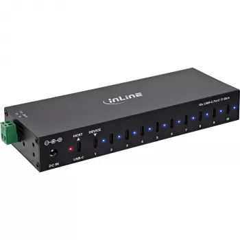 DELOCK InLine® USB 3.2 Gen.1 pramoninis USB šakotuvas, USB-C, 10 prievadų, su maitinimo šaltiniu