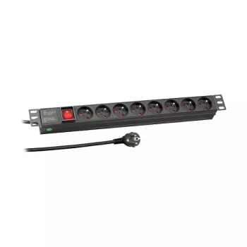 EFB Elektronik 19 inch 1U stelažinis PDU, 8 prancūziškų lizdų, CEE 7/7 kištukas, 16A, juodos spalvos