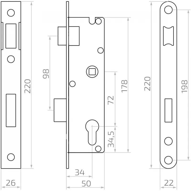 PSG 63.211 L/P įdėtinė spyna su skląsčiu ir sklende, reversinė, 220 x 22 mm priekinė plokštelė, 72 mm PZ, 50 mm atstumas iki rakto, cinkuotas plienas