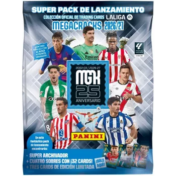 PANINI KOLEKCJA La Liga 2027 Mega Set – Adrenalyn XL prekybos kortelių rinkinys su 10 papildymo pakelių, 4 išskirtinėmis kortelėmis, albumu ir internetiniu kodu