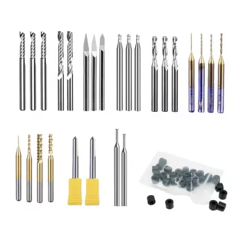 MAKERA Carvera Essential Extended frezų rinkinys (52 vnt.) – kieto volframo karbido CNC frezos, 1/8 inch ir 1/4 inch kotai, įvairių tipų medžiui, plastikui, aliuminiui, PCB