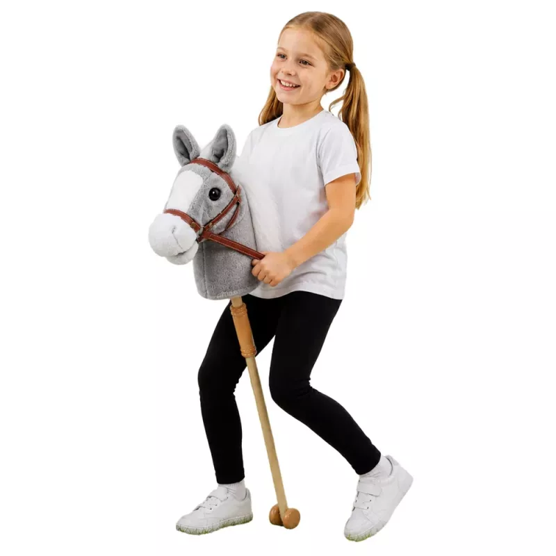 LEAN TOYS Hobby Horse žaislinis arkliukas ant pagaliuko, arkliuko galva, šuoliavimo ir žvengimo garsai, pilka, 100 cm