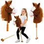 LEAN TOYS Hobby Horse žaislinis arkliukas su šuoliavimo ir žvengimo garsais, rudas, 100 cm