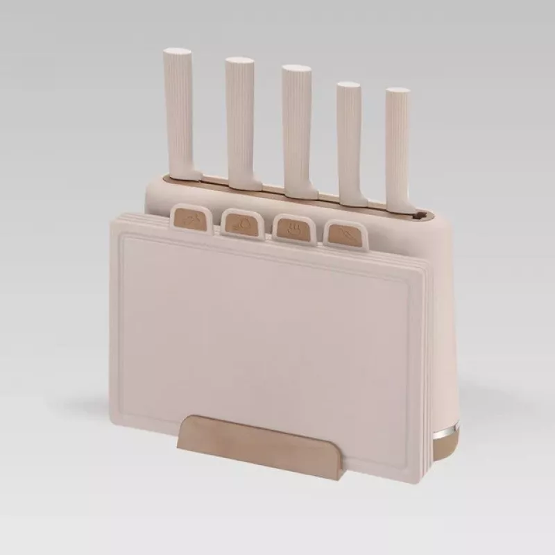 MEO MR-1412-BEIGE MAESTRO Peilių rinkinys su pjaustymo lentelėmis ir stovu, 5 peiliai, 2 lentelės, smėlio spalvos