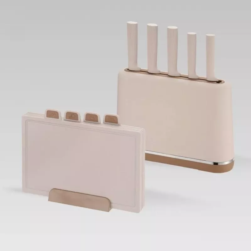 MEO MR-1412-BEIGE MAESTRO Peilių rinkinys su pjaustymo lentelėmis ir stovu, 5 peiliai, 2 lentelės, smėlio spalvos