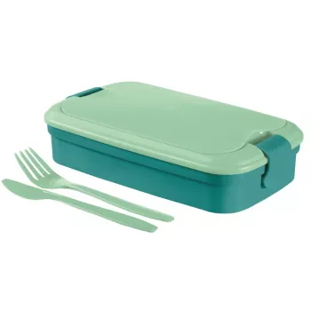 CURVER Lunch&Go stačiakampė maisto dubenėlis su integruotais stalo įrankiais, 1,4L, mėlynas