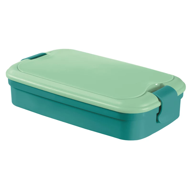CURVER Lunch&Go stačiakampė maisto dubenėlis su integruotais stalo įrankiais, 1,4L, mėlynas