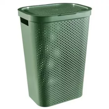 CURVER Infinity Recycled 60L skalbinių dėžė, žalia, 44x35x60 cm, ventiliuojamas skalbinių krepšys iš perdirbto plastiko su dangčiu ir rankenomis
