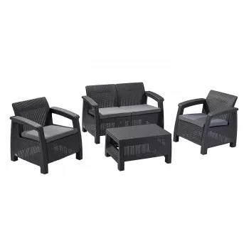 KETER Corfu sodo baldų rinkinys pilkas - 4 vietų sofa, 2 foteliai, kavos staliukas