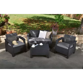 KETER Corfu sodo baldų rinkinys pilkas - 4 vietų sofa, 2 foteliai, kavos staliukas