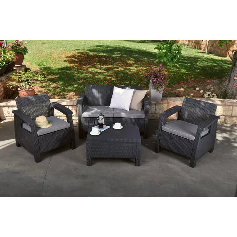 KETER Corfu sodo baldų rinkinys pilkas - 4 vietų sofa, 2 foteliai, kavos staliukas