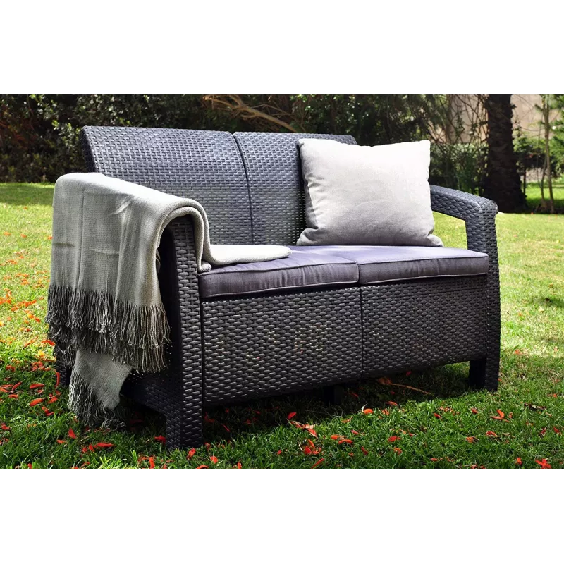 KETER Corfu sodo baldų rinkinys pilkas - 4 vietų sofa, 2 foteliai, kavos staliukas