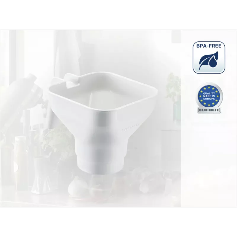 LEIFHEIT Virtuvės piltuvas su nuimamu smulkaus tinklelio sieteliu, 19 cm, baltas/permatomas