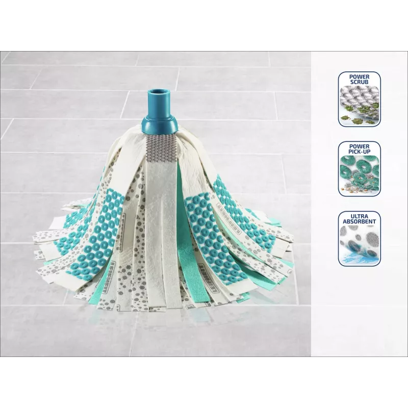 LEIFHEIT 3in1 Power Mop su Clean Twist Spin technologija, teleskopine rankena, 20L kibiru, mikropluošto galvute, turkio/baltos spalvos