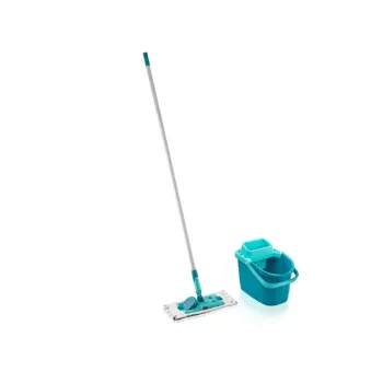 LEIFHEIT Clean & Compact grindų valymo rinkinys su plokščiuoju mopu ir koja valdomu gręžtuvu, 8L kibiras, mikropluošto galvutė, 33cm, balta/mėlyna