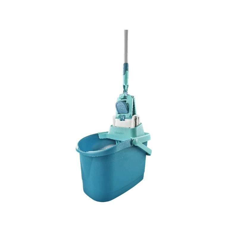 LEIFHEIT Clean & Compact grindų valymo rinkinys su plokščiuoju mopu ir koja valdomu gręžtuvu, 8L kibiras, mikropluošto galvutė, 33cm, balta/mėlyna