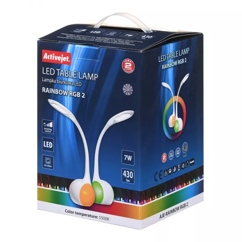 Activejet AJE-RAINBOW 2 LED stalinė lempa su RGB pagrindu, lanksčia ranka, reguliuojamu ryškumu, jutiklinis valdymas, 7W pagrindinė šviesa, 350lm, 2800K-6500K, juoda
