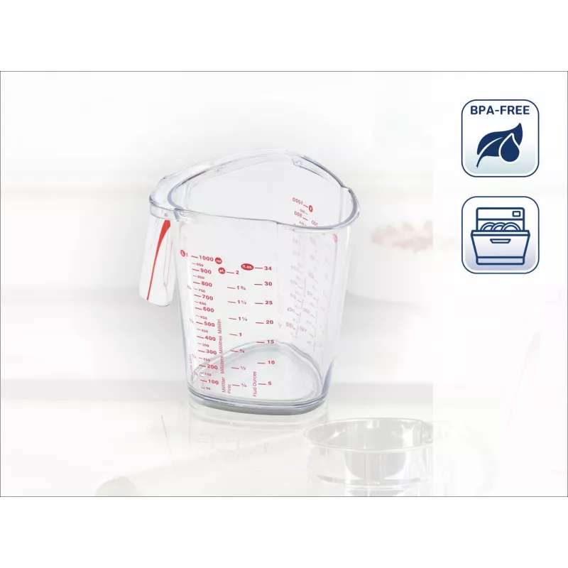 LEIFHEIT Matavimo stiklinė 1L, permatoma, SAN plastikas, ml/L/gramų skalės, tinka plauti indaplovėje