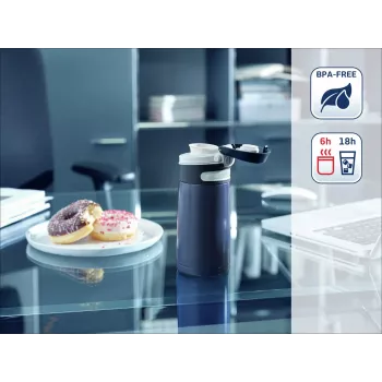 LEIFHEIT Thermos Flip 350 ml tamsiai mėlyna vakuuminė termo izoliuota nerūdijančio plieno kelioninė puodelis