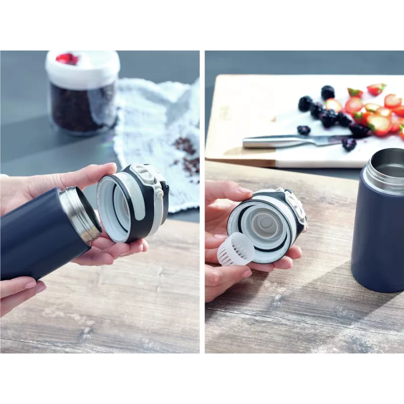LEIFHEIT Thermos Flip 350 ml tamsiai mėlyna vakuuminė termo izoliuota nerūdijančio plieno kelioninė puodelis