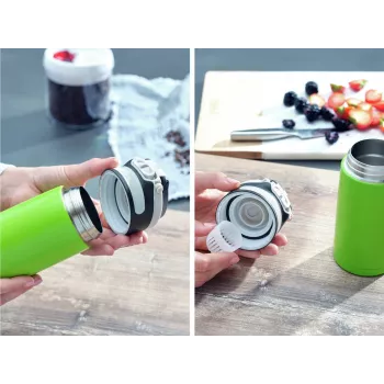 LEIFHEIT Thermo Mug Flip 350ml žalia - Dviejų sienelių vakuuminė termo kelioninė puodelis, nepralaidus, 360° gėrimo