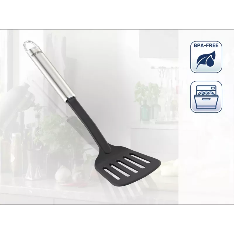 LEIFHEIT Sterling nailoninė mentelė su nerūdijančio plieno rankena, 33 cm, juoda/sidabrinė