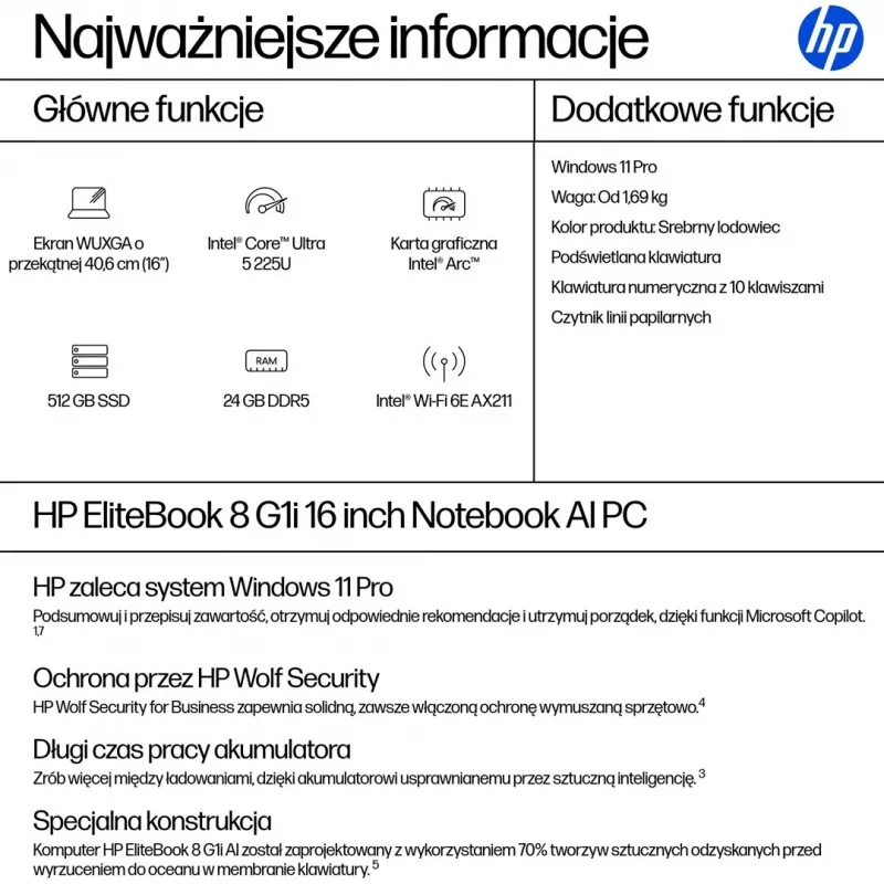 HP EliteBook 8 G1i 16 inch WUXGA nešiojamas kompiuteris - Intel Core Ultra 5 225U, 24GB RAM, 512GB SSD, Windows 11 Pro, sidabrinis
