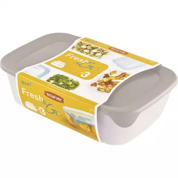 Curver Fresh & Go maisto indų rinkinys, 3 stačiakampiai indai, 2L + 1L + 0,5L, permatomi su spalvotais hermetiškais dangčiais