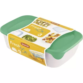 Curver Fresh & Go maisto indų rinkinys, 3 stačiakampiai indai, 2L + 1L + 0,5L, permatomi su spalvotais hermetiškais dangčiais