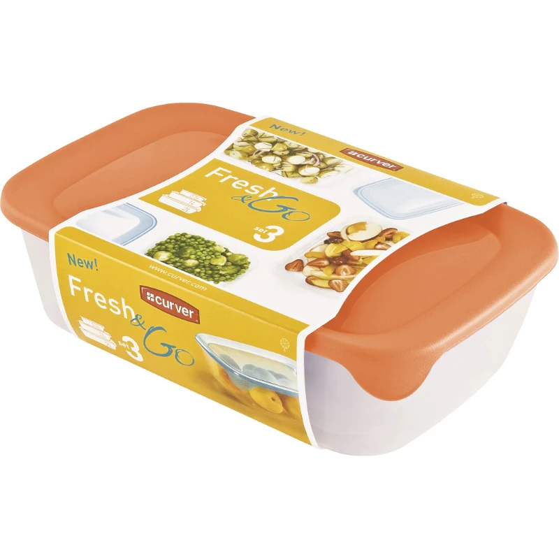 Curver Fresh & Go maisto indų rinkinys, 3 stačiakampiai indai, 2L + 1L + 0,5L, permatomi su spalvotais hermetiškais dangčiais
