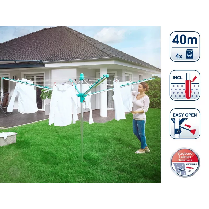 LEIFHEIT Linomatic 400 Easy sukamoji skalbinių džiovykla 40 m, aliuminis, sidabrinė/mėlyna