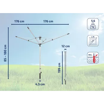 LEIFHEIT LinoLift 500 rotacinis skalbinių džiovintuvas, 50 m džiovinimo virvė, aliuminio rėmas, reguliuojamas aukštis 106-179 cm, UV atsparios virvės, komplekte įleidžiama mova