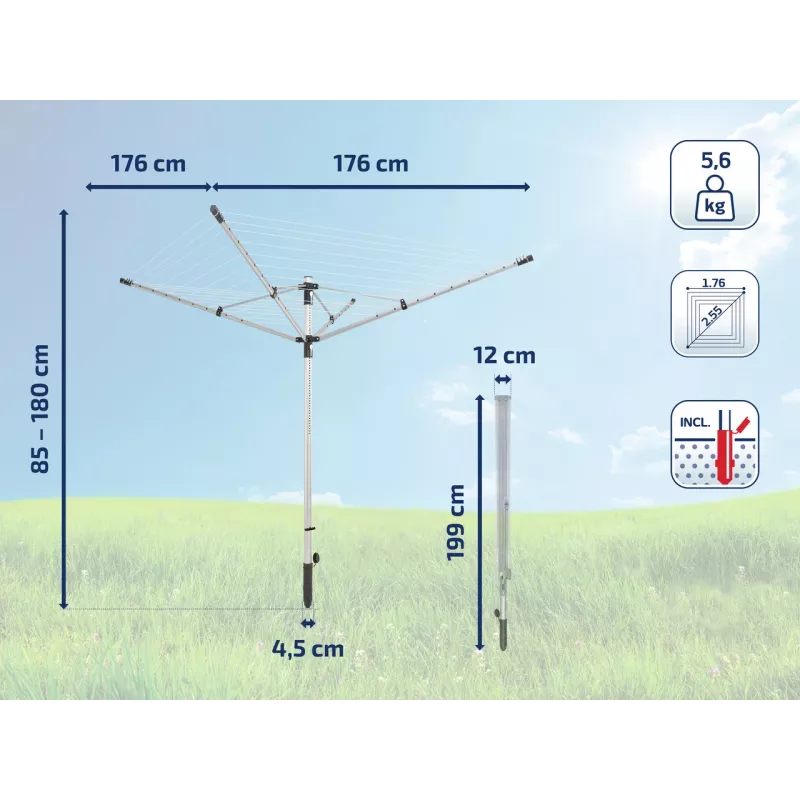 LEIFHEIT LinoLift 500 rotacinis skalbinių džiovintuvas, 50 m džiovinimo virvė, aliuminio rėmas, reguliuojamas aukštis 106-179 cm, UV atsparios virvės, komplekte įleidžiama mova