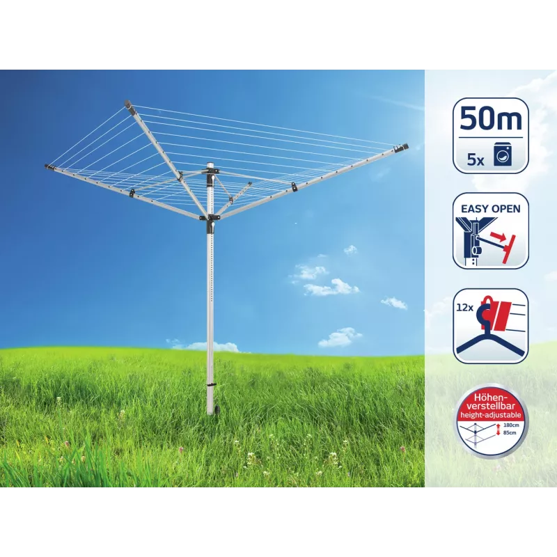 LEIFHEIT LinoLift 500 rotacinis skalbinių džiovintuvas, 50 m džiovinimo virvė, aliuminio rėmas, reguliuojamas aukštis 106-179 cm, UV atsparios virvės, komplekte įleidžiama mova